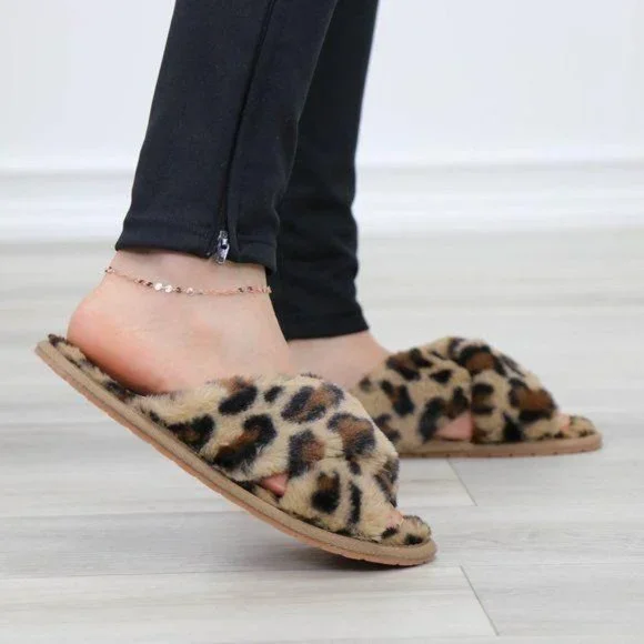 Leopard  Fuzzy Furry Criss Cross Sandal Sliders - Picture 9 of 14